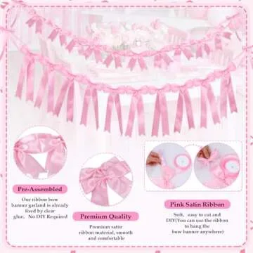 2Pcs Pink Satin Ribbon Bow Banner Garland, Bow Party Decortions, Girls Bow Birthday Decorations, Baby Shower Decorations, Tying The Knot Bridal Shower Bachelorette Party Decor