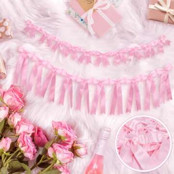 2Pcs Pink Satin Ribbon Bow Banner Garland, Bow Party Decortions, Girls Bow Birthday Decorations, Baby Shower Decorations, Tying The Knot Bridal Shower Bachelorette Party Decor
