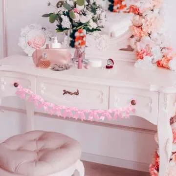 2Pcs Pink Satin Ribbon Bow Banner Garland, Bow Party Decortions, Girls Bow Birthday Decorations, Baby Shower Decorations, Tying The Knot Bridal Shower Bachelorette Party Decor