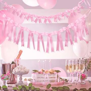 2Pcs Pink Satin Ribbon Bow Banner Garland, Bow Party Decortions, Girls Bow Birthday Decorations, Baby Shower Decorations, Tying The Knot Bridal Shower Bachelorette Party Decor