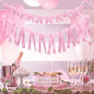 2Pcs Pink Satin Ribbon Bow Banner Garland, Bow Party Decortions, Girls Bow Birthday Decorations, Baby Shower Decorations, Tying The Knot Bridal Shower Bachelorette Party Decor