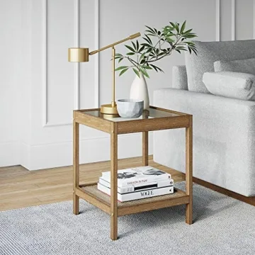 Nathan James Hayes Nightstand - Stylish Solid Wood End Table with Rattan Storage