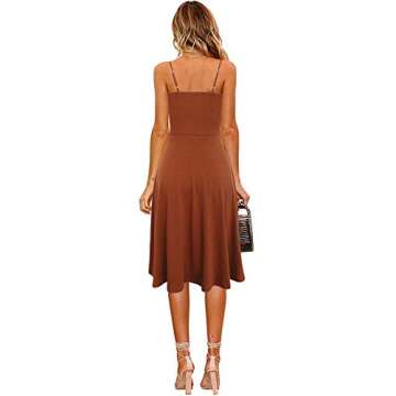 Berydress Women's Casual Beach Summer Dresses Solid Cotton Flattering A-Line Spaghetti Strap Button Down Midi Sundress (M, 6046-Brown)