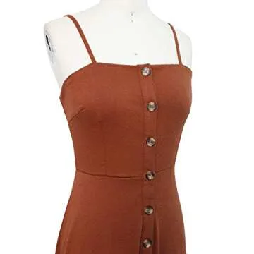 Berydress Women's Casual Beach Summer Dresses Solid Cotton Flattering A-Line Spaghetti Strap Button Down Midi Sundress (M, 6046-Brown)
