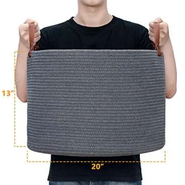 Large Baskets for Storage Cotton Rope Basket Laundry Basket Hamper- Hombins Woven Toy Bin Blanket Holder XXL Grey Collapsible Laundry Basket with Leather Handle, 20"X20"X13"