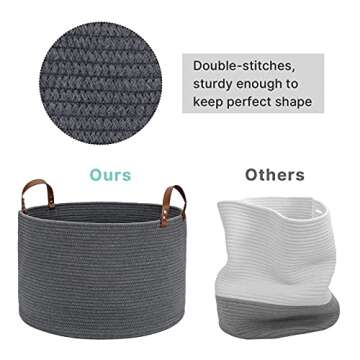 Large Baskets for Storage Cotton Rope Basket Laundry Basket Hamper- Hombins Woven Toy Bin Blanket Holder XXL Grey Collapsible Laundry Basket with Leather Handle, 20"X20"X13"