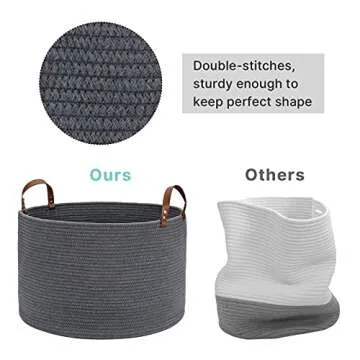 Large Baskets for Storage Cotton Rope Basket Laundry Basket Hamper- Hombins Woven Toy Bin Blanket Holder XXL Grey Collapsible Laundry Basket with Leather Handle, 20"X20"X13"