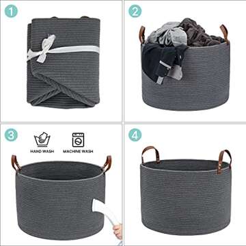 Large Baskets for Storage Cotton Rope Basket Laundry Basket Hamper- Hombins Woven Toy Bin Blanket Holder XXL Grey Collapsible Laundry Basket with Leather Handle, 20"X20"X13"