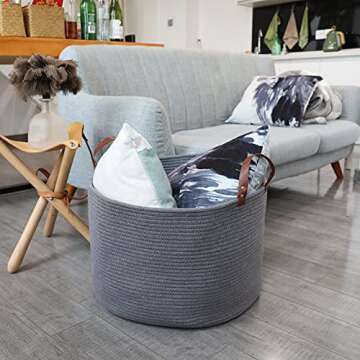 Large Baskets for Storage Cotton Rope Basket Laundry Basket Hamper- Hombins Woven Toy Bin Blanket Holder XXL Grey Collapsible Laundry Basket with Leather Handle, 20"X20"X13"