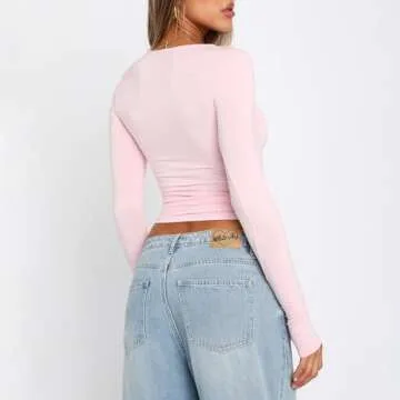 Women's Slim Fit Going Out Crop Tops Casual Solid Color Crew Neck Long Sleeve Tight Tee Shirt Basic Streetwear Pink