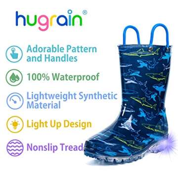 HugRain Toddler Boys Light Up Waterproof Rain Boots - Blue Shark