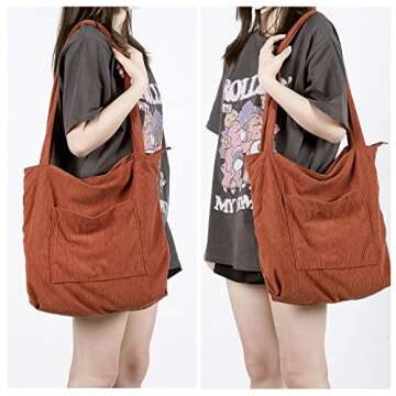 WantGor Women Corduroy Tote Bag, Large Shoulder Hobo Bags Casual Handbags Big Capacity Shopping Purses Work Bag (Brown)