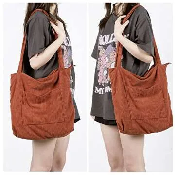 WantGor Women Corduroy Tote Bag, Large Shoulder Hobo Bags Casual Handbags Big Capacity Shopping Purses Work Bag (Brown)