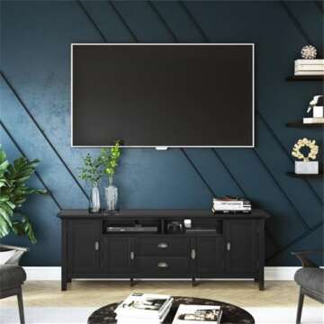 SIMPLIHOME Redmond SOLID WOOD 72 Inch Wide Transitional TV Media Stand in Black For TVs up to 80 Inc...