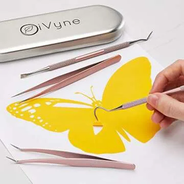 Premium Vinyl Weeding Tool Kit - Precision Stainless Steel Weeder - Hook and Pick with Fine Tweezers Crafting Set for Cricut Vinyl - by iVyne (Rose Gold)