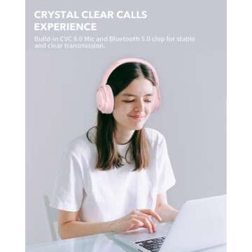 HROEENOI Active Noise Cancelling Wireless Bluetooth Over-Ear Headphones, Memory Foam Ear Cups, Quick Charge for 40H Playtime, Ideal for Travel, Home Office, Gym Workouts -Pink
