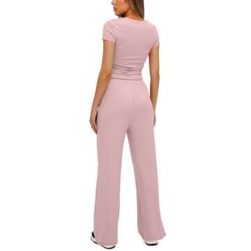 Darong Women's Short Sleeve Ruched Tee and Wide Leg Pant 2 Piece Tracksuit Sleep Pajama Set 9042A Dark Pink M