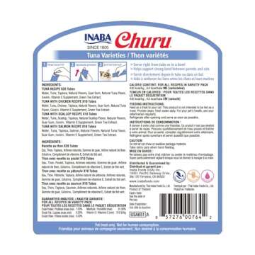 INABA Churu Cat Treats, Grain-Free, Lickable, Squeezable Creamy Purée Cat Treat/Topper with Vitamin E & Taurine, 0.5 Ounces Each Tube, 50 Tubes, Tuna Variety