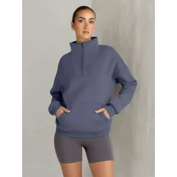 Trendy Queen Sweatshirts Quarter Half Zip Pullover Oversized Hoodies Sweaters Comfy Fall Outfits 2025 Y2K Winter Clothes GreyBlue S