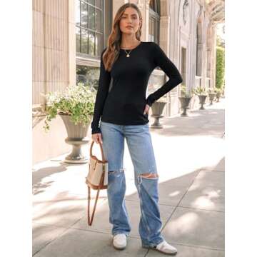 AUTOMET Long Sleeve Shirts for Women Ribbed Knit Fall Tops Casual Basic Fitted T Tshirts Tight Underscrub Slim Cotton 2024 Trendy Teen Outfits Fashion Cute Clothes Going Out Undershirt Black M