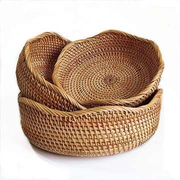 YANGQIHOME Rattan Bread Basket, Round Fruit Baskets, Wicker Storage Bowls, Natural Woven Serving Bas...