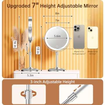 Gospire 7" Lighted Makeup Mirror - Adjustable Height, 3 Color Options, 10X Magnification