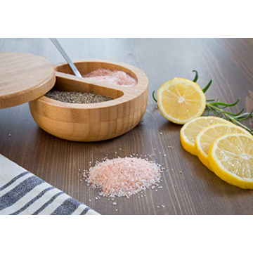 Relative Foods Salt Cellar -Bamboo Salt and Pepper Bowl with Magnetic swivel lid - Salt Container with Himalayan Pink Salt and Pepper Included - Perfect Salt Storage for countertop