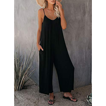 Happy Sailed Summer Jumpsuit for Women Overalls Sleeveless Adjustable Spaghetti Straps Wide Leg Pants Romper One Piece Jumpers Outfits with Pockets Black Small