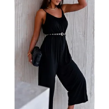 Happy Sailed Summer Jumpsuit for Women Overalls Sleeveless Adjustable Spaghetti Straps Wide Leg Pants Romper One Piece Jumpers Outfits with Pockets Black Small