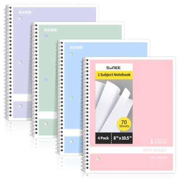 SUNEE Spiral Notebooks Wide Ruled, 1-Subject, 4 Pack, 8 x 10-1/2 in, 70 Sheets, 3-Hole Punched Paper...