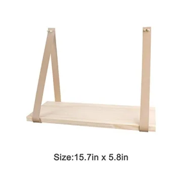 YOYAI Leather Strap Wood Floating Wall Shelf Wooden Shleves Wall Organizer Wall Mount Shelf Home Decor Kitchen Living Room Bedroom（Beige Set of 1）