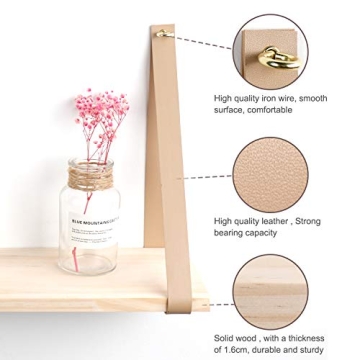YOYAI Leather Strap Wood Floating Wall Shelf Wooden Shleves Wall Organizer Wall Mount Shelf Home Decor Kitchen Living Room Bedroom（Beige Set of 1）