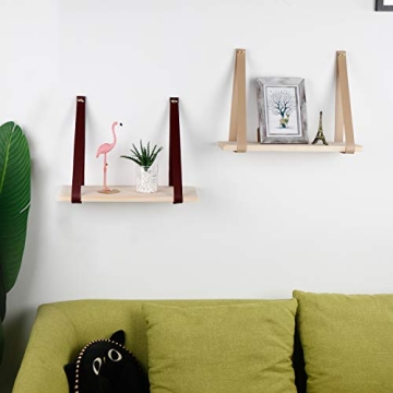 YOYAI Leather Strap Wood Floating Wall Shelf Wooden Shleves Wall Organizer Wall Mount Shelf Home Decor Kitchen Living Room Bedroom（Beige Set of 1）