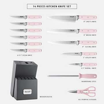 Hecef Kitchen Knife Set with Block, 14 Pieces in Pink