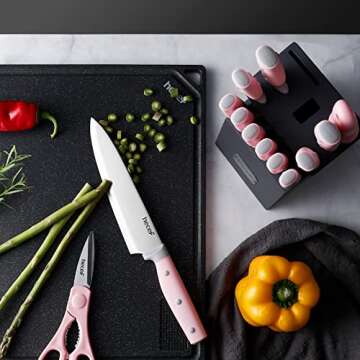 Hecef Kitchen Knife Set with Block, 14 Pieces in Pink