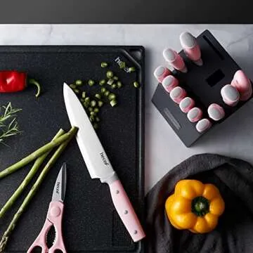 Hecef Kitchen Knife Set with Block, 14 Pieces in Pink