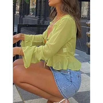 Women's Y2k See Sheer Mesh Crop Top Long Sleeve Ruffles Blouse Sexy V Neck Casual Tops Streetwear (Green, Small)