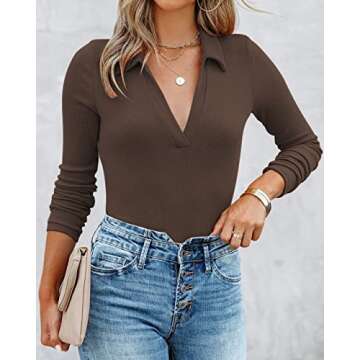 OWIN Womens Casual Collared Long Sleeve Bodysuit Jumpsuit Stretchy Ribbed Bodycon Leotard Tops Coffee S