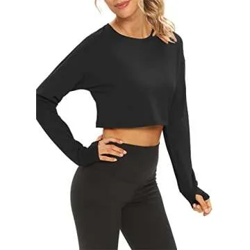 Mippo Long Sleeve Crop Top Workout Shirts Athletic Gym Active Wear Loose Cropped Sweaters Oversized Tshirts Black S