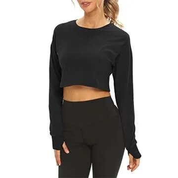 Mippo Long Sleeve Crop Top Workout Shirts Athletic Gym Active Wear Loose Cropped Sweaters Oversized Tshirts Black S