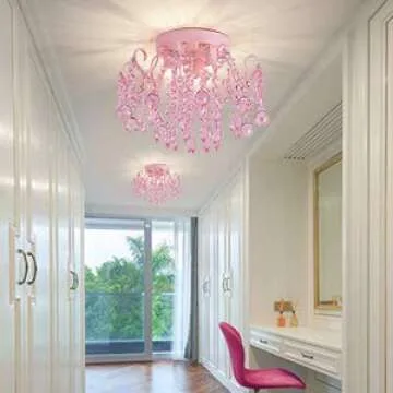 Q&S Mini Chandelier Crystal,Semi Flush Mount Pink Girl Chandelier, Small Crystal Ceiling Light Fixture Bedroom Bathroom Closet Nursery 3 Lights