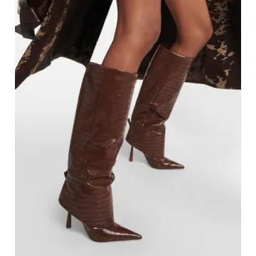 XEYANFYS Women's Croc Embossed Knee High Stiletto Boots