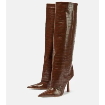 XEYANFYS Women's Croc Embossed Knee High Stiletto Boots