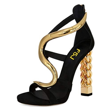 FSJ Women Flower Gold Metal Chain Chunky Heels Ankle Strap Sandals Open Toe Fashion Shoe Size 12 Gol...