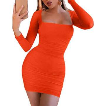 Kaximil Women's Sexy Bodycon Ruched Mini Club Dress Long Sleeve Basic Casual Dresses,Small,Orange