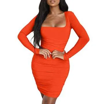 Kaximil Women's Sexy Bodycon Ruched Mini Club Dress Long Sleeve Basic Casual Dresses,Small,Orange