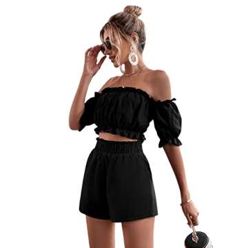 SweatyRocks Women's 2 Piece Outfits Romper Off Shoulder Short Sleeve Top Wide Leg Frill Trim Shorts with Pockets Black XS