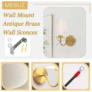 MESUZ Antique Brass Wall Sconces Set of Two, Bow Sconces Decor Gold Wall Lights Brass Brushed Gold Sconce with Fabric Shade, E26 110V Hardwired Wall Lamps Indoor for Bedroom, Living Room, Doorway