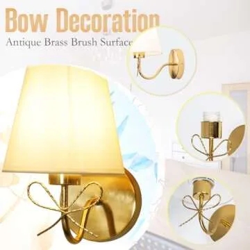 MESUZ Antique Brass Wall Sconces Set of Two, Bow Sconces Decor Gold Wall Lights Brass Brushed Gold Sconce with Fabric Shade, E26 110V Hardwired Wall Lamps Indoor for Bedroom, Living Room, Doorway