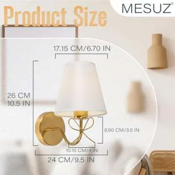MESUZ Antique Brass Wall Sconces Set of Two, Bow Sconces Decor Gold Wall Lights Brass Brushed Gold Sconce with Fabric Shade, E26 110V Hardwired Wall Lamps Indoor for Bedroom, Living Room, Doorway